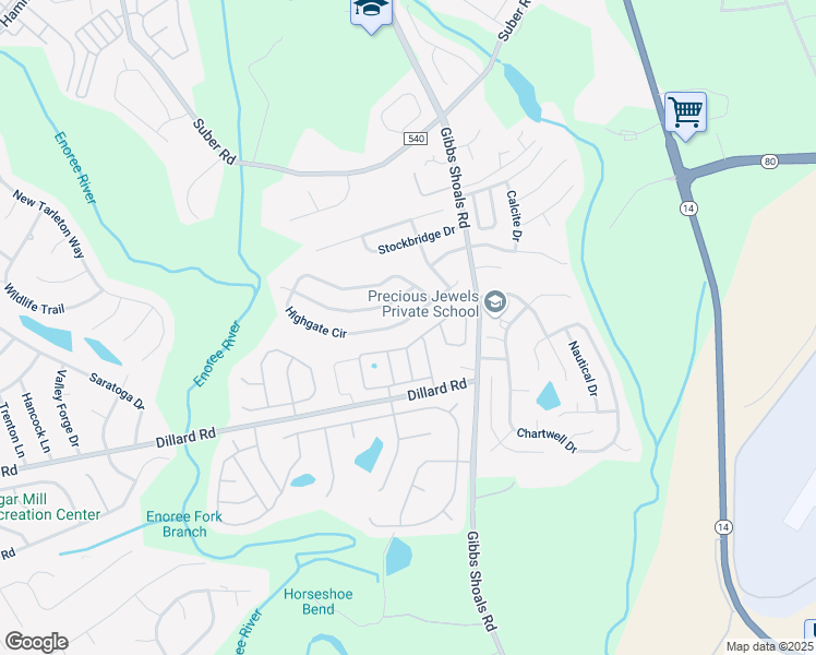 map of restaurants, bars, coffee shops, grocery stores, and more near 209 Highgate Circle in Greer