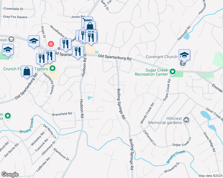 map of restaurants, bars, coffee shops, grocery stores, and more near 176 Grinders Circle in Greer