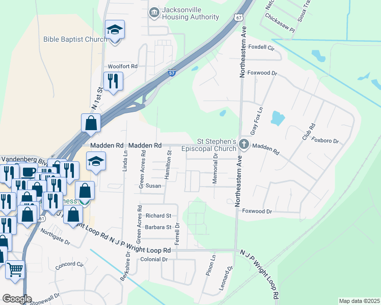 map of restaurants, bars, coffee shops, grocery stores, and more near 2405 Chapel Hill Road in Jacksonville