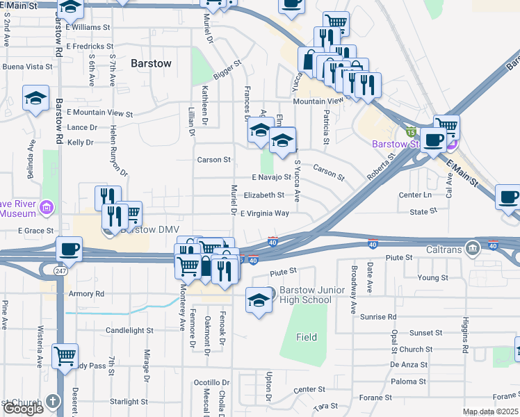 map of restaurants, bars, coffee shops, grocery stores, and more near 1105 East Virginia Way in Barstow