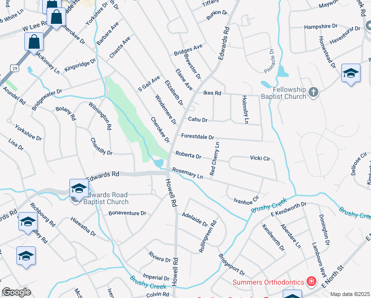 map of restaurants, bars, coffee shops, grocery stores, and more near 5 Roberta Drive in Greenville
