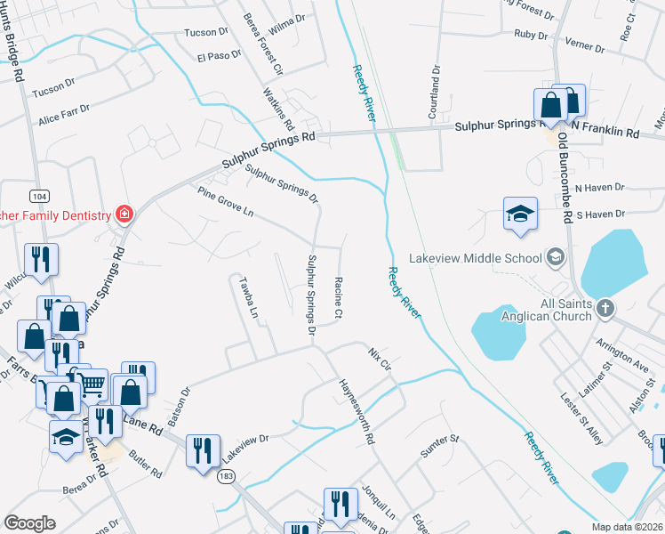 map of restaurants, bars, coffee shops, grocery stores, and more near 31 Racine Court in Greenville