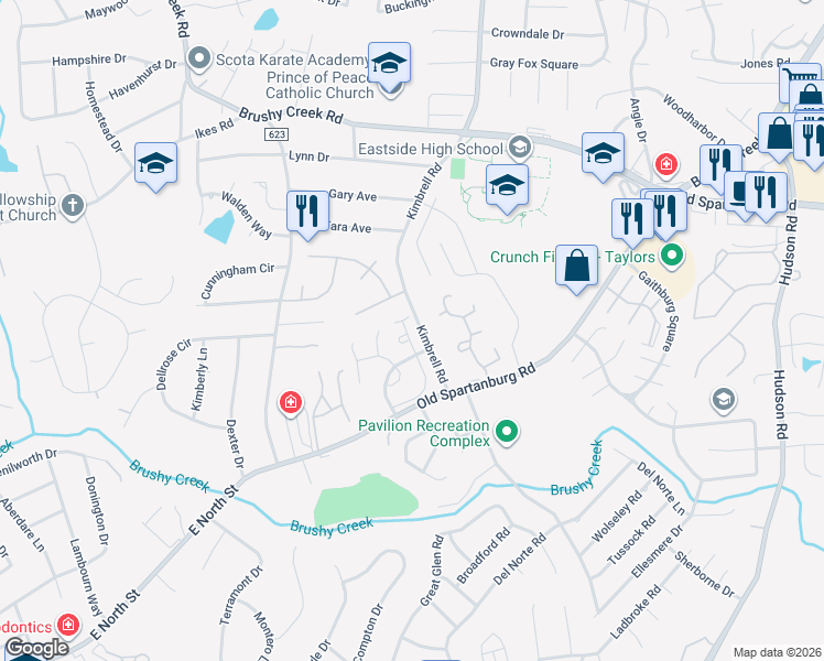 map of restaurants, bars, coffee shops, grocery stores, and more near 97 Jamestowne Way in Taylors
