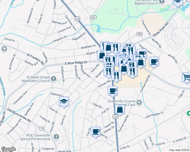 map of restaurants, bars, coffee shops, grocery stores, and more near 42 Burgess Avenue in Greenville