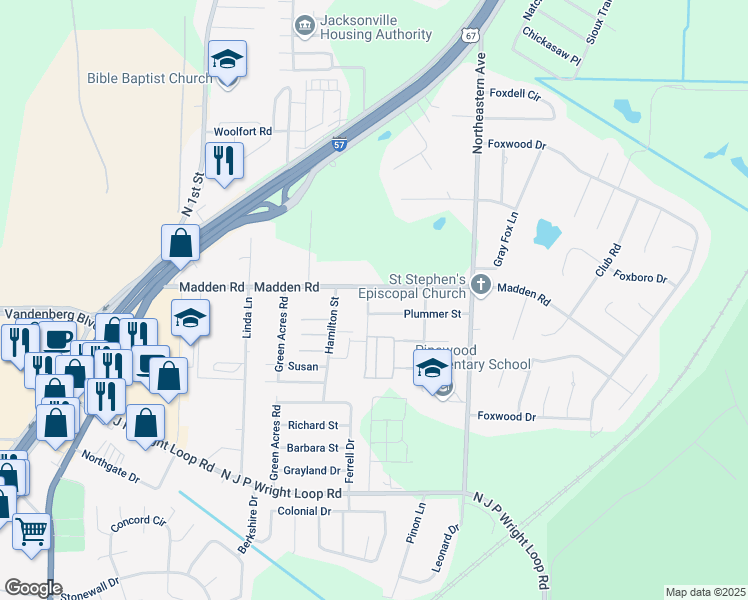 map of restaurants, bars, coffee shops, grocery stores, and more near 2405 Chapel Hill Road in Jacksonville