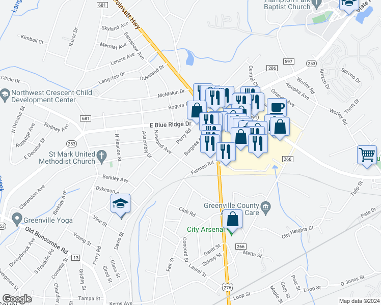 map of restaurants, bars, coffee shops, grocery stores, and more near 21 Burgess Avenue in Greenville