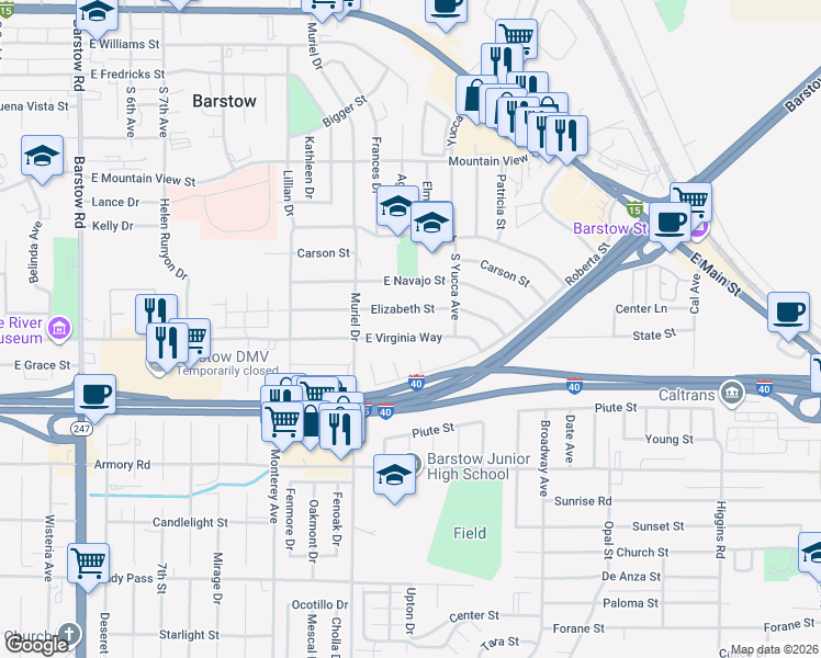 map of restaurants, bars, coffee shops, grocery stores, and more near 1105 East Virginia Way in Barstow