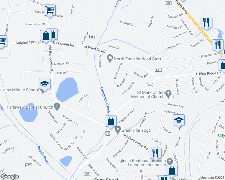 map of restaurants, bars, coffee shops, grocery stores, and more near 204 West Decatur Street in Greenville