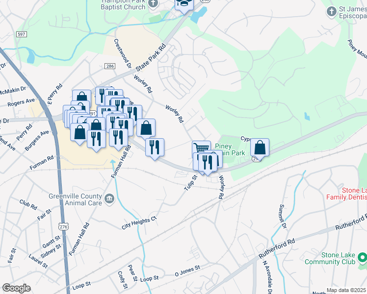 map of restaurants, bars, coffee shops, grocery stores, and more near 19 Pinedale Drive in Greenville