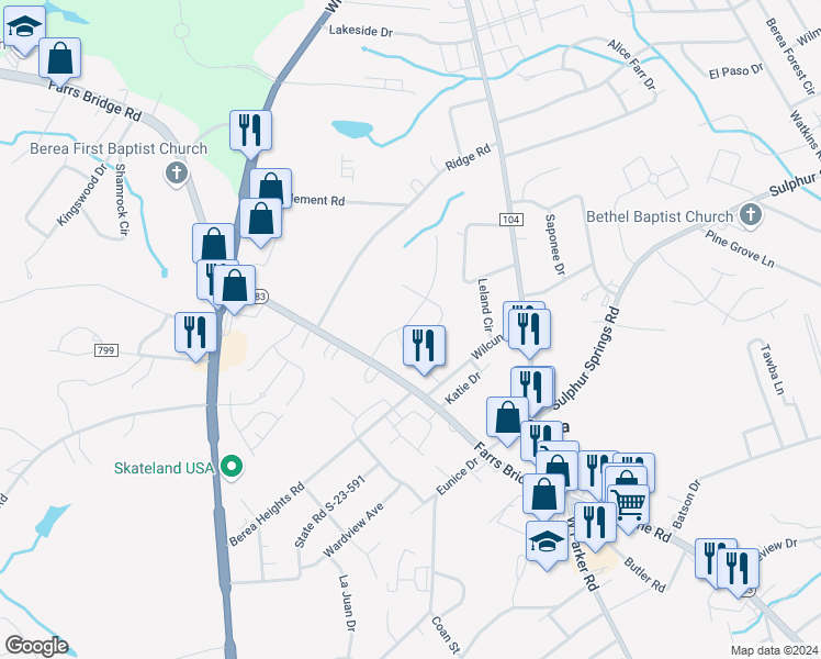 map of restaurants, bars, coffee shops, grocery stores, and more near 322 Barnhill Court in Greenville