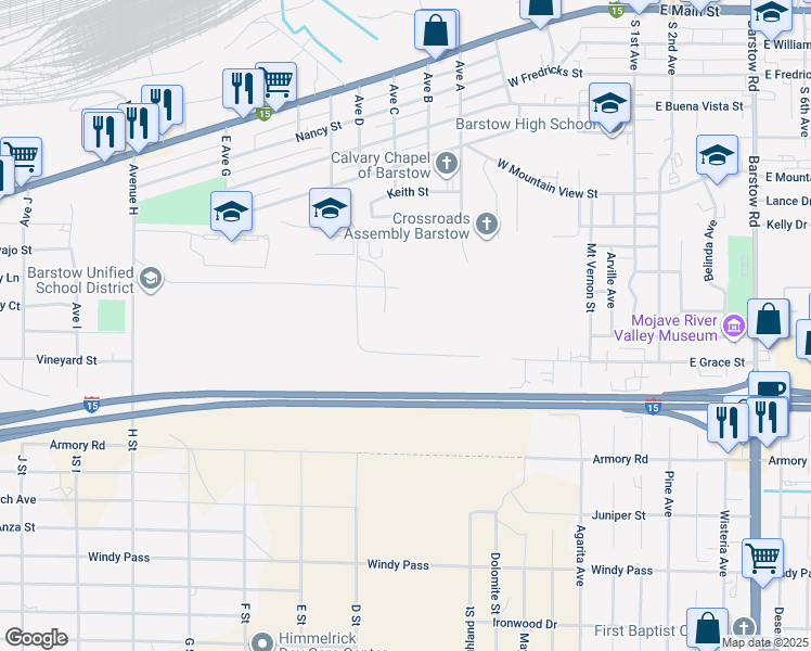 map of restaurants, bars, coffee shops, grocery stores, and more near Channel Road in Barstow