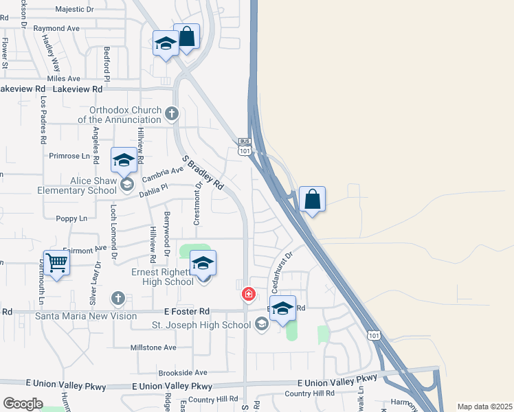 map of restaurants, bars, coffee shops, grocery stores, and more near 3884 Cherry Hill Road in Santa Maria