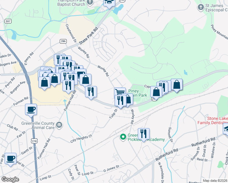 map of restaurants, bars, coffee shops, grocery stores, and more near 314 Worley Road in Greenville