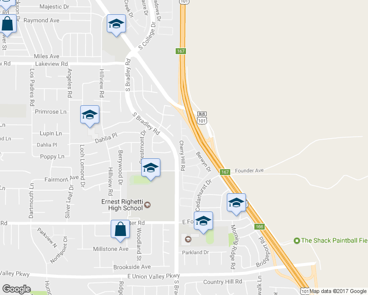 map of restaurants, bars, coffee shops, grocery stores, and more near 3884 Cherry Hill Road in Santa Maria