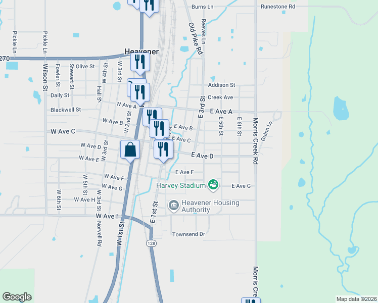 map of restaurants, bars, coffee shops, grocery stores, and more near 307 East Avenue D in Heavener