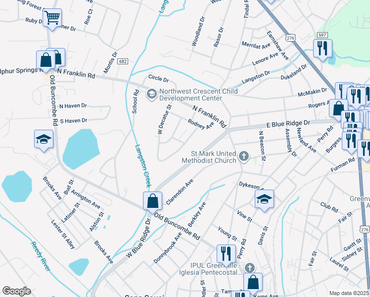 map of restaurants, bars, coffee shops, grocery stores, and more near 101 East Decatur Street in Greenville