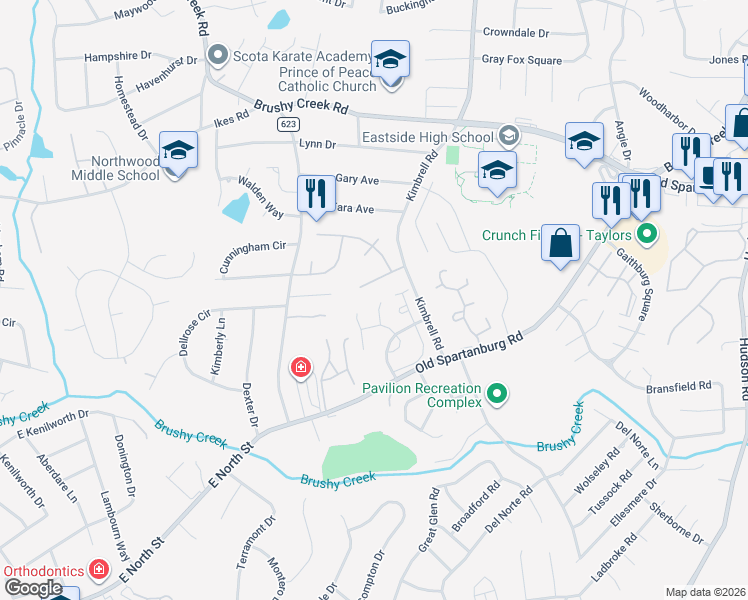 map of restaurants, bars, coffee shops, grocery stores, and more near 19 Hazelnut Court in Taylors