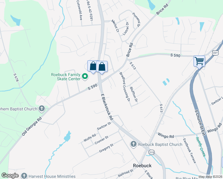 map of restaurants, bars, coffee shops, grocery stores, and more near 1831 E Blackstock Rd in Roebuck