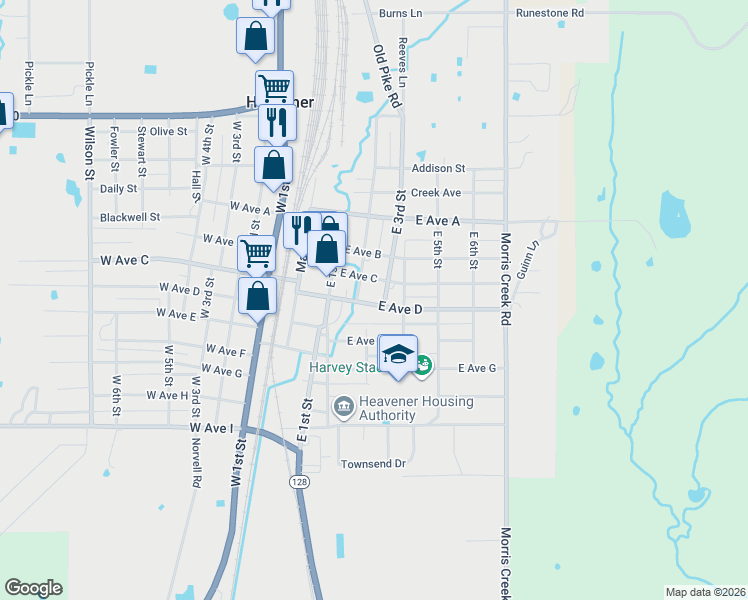 map of restaurants, bars, coffee shops, grocery stores, and more near 307 East Avenue D in Heavener
