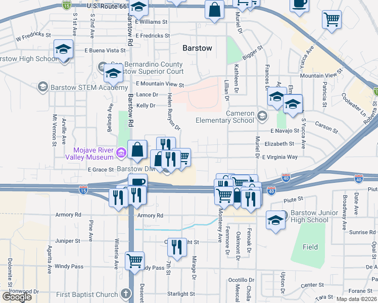 map of restaurants, bars, coffee shops, grocery stores, and more near 705 East Virginia Way in Barstow