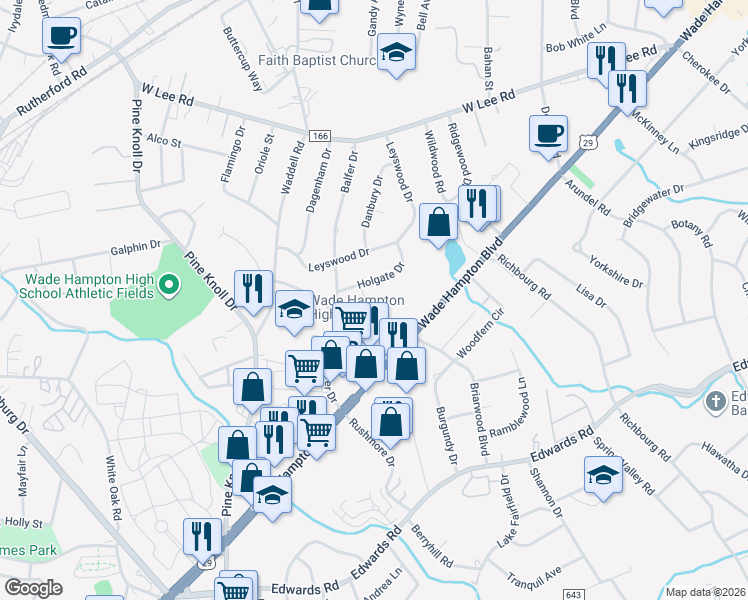map of restaurants, bars, coffee shops, grocery stores, and more near 3 Holgate Court in Greenville