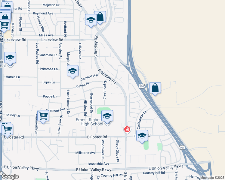 map of restaurants, bars, coffee shops, grocery stores, and more near 977 Terrace Avenue in Santa Maria