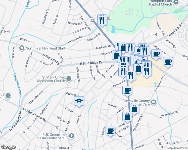 map of restaurants, bars, coffee shops, grocery stores, and more near 501 Darlington Avenue in Greenville