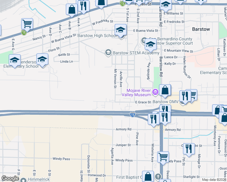 map of restaurants, bars, coffee shops, grocery stores, and more near 820 Mount Vernon Street in Barstow