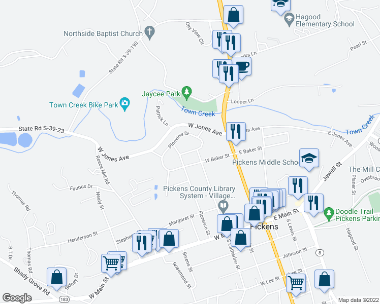 map of restaurants, bars, coffee shops, grocery stores, and more near 106 Pineview Drive in Pickens