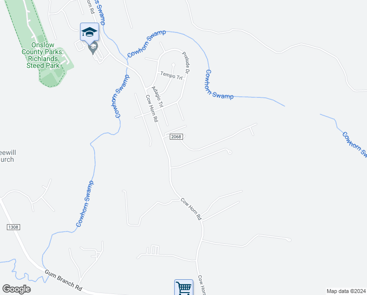 map of restaurants, bars, coffee shops, grocery stores, and more near 106 Harmony Way in Richlands