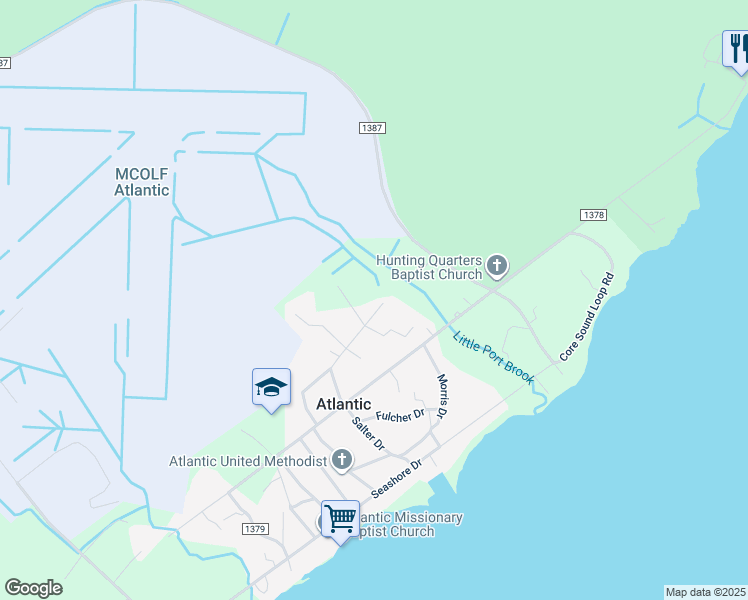 map of restaurants, bars, coffee shops, grocery stores, and more near 231 Lee Daniels Drive Extension in Atlantic
