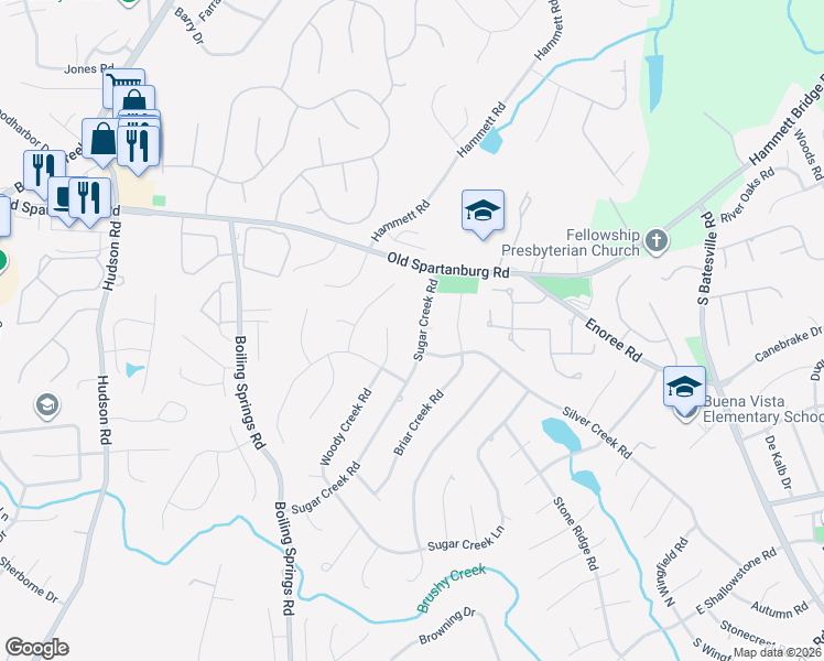 map of restaurants, bars, coffee shops, grocery stores, and more near 110 Sugar Creek Road in Greer