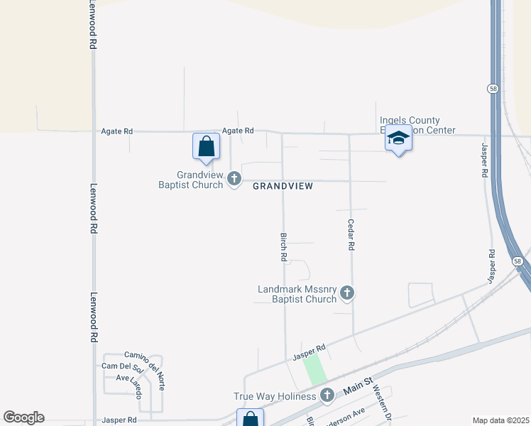 map of restaurants, bars, coffee shops, grocery stores, and more near Birch Road in Barstow