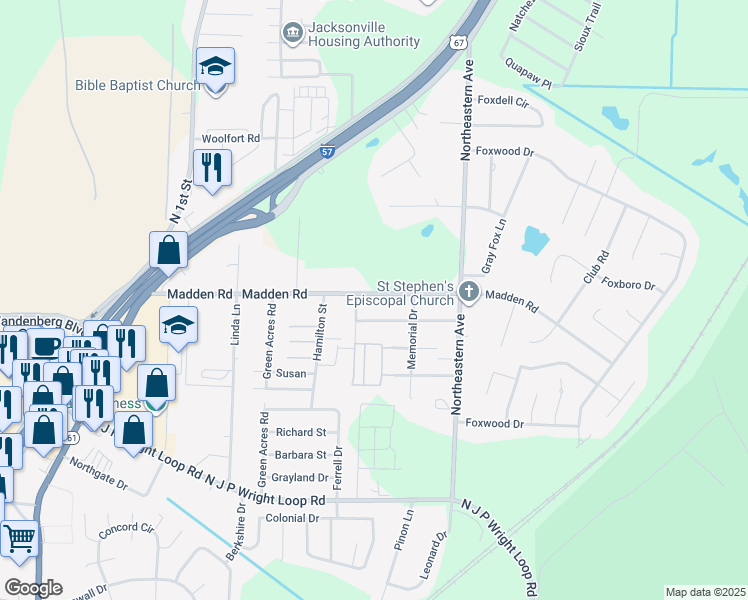 map of restaurants, bars, coffee shops, grocery stores, and more near 1307 Madden Road in Jacksonville