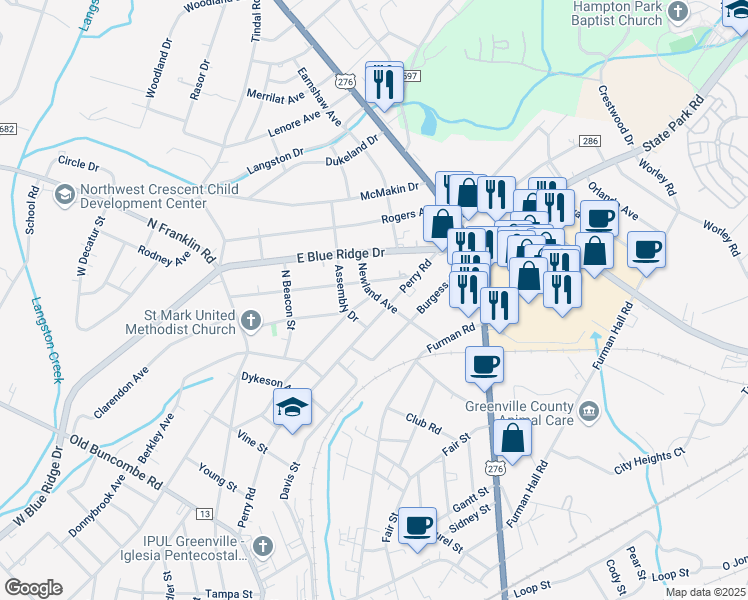 map of restaurants, bars, coffee shops, grocery stores, and more near 621 Perry Road in Greenville