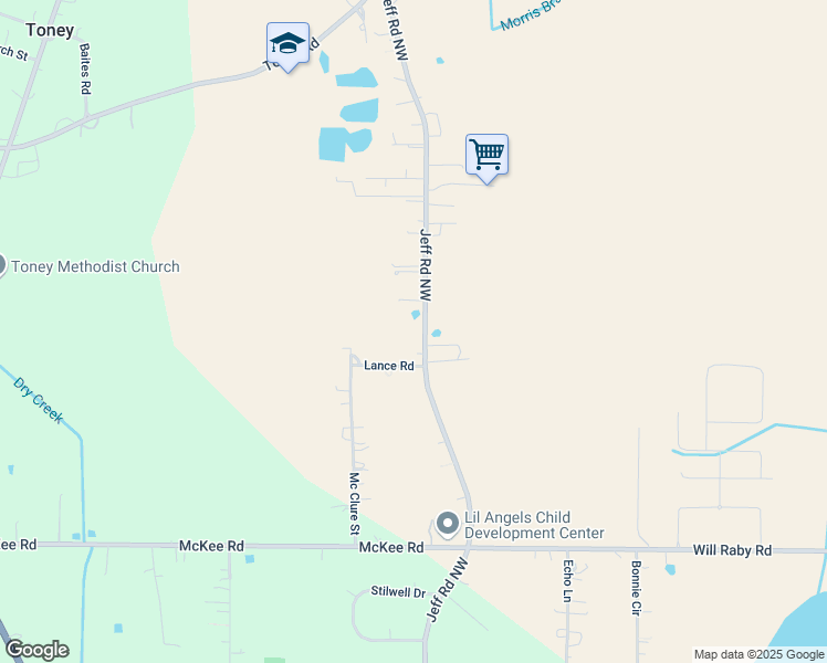 map of restaurants, bars, coffee shops, grocery stores, and more near 4338 Jeff Road Northwest in Toney