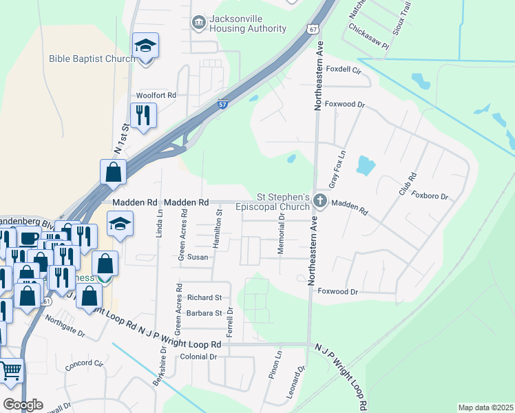map of restaurants, bars, coffee shops, grocery stores, and more near 2405 Chapel Hill Road in Jacksonville