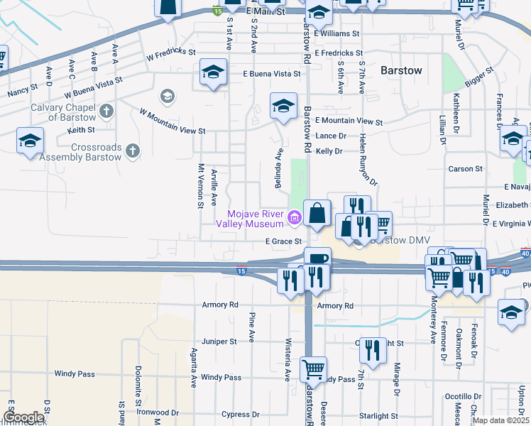 map of restaurants, bars, coffee shops, grocery stores, and more near 221 East Virginia Way in Barstow