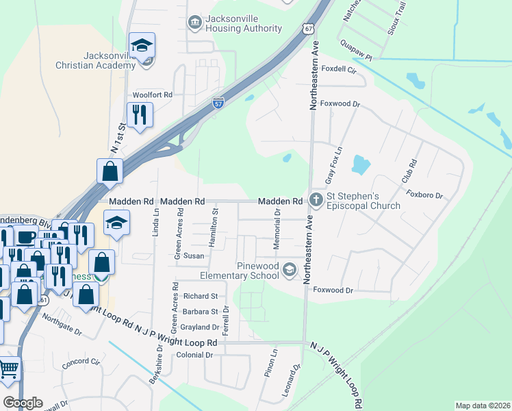 map of restaurants, bars, coffee shops, grocery stores, and more near 1409 Madden Road in Jacksonville