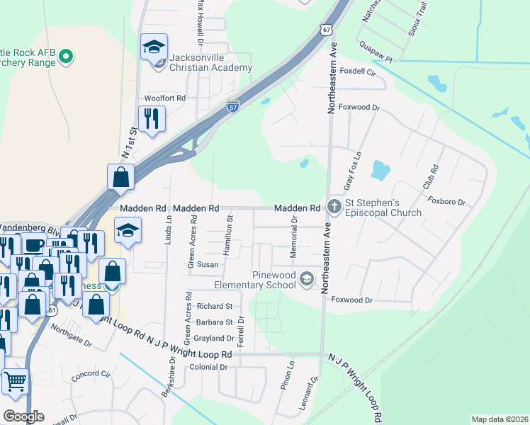 map of restaurants, bars, coffee shops, grocery stores, and more near 2405 Chapel Hill Road in Jacksonville
