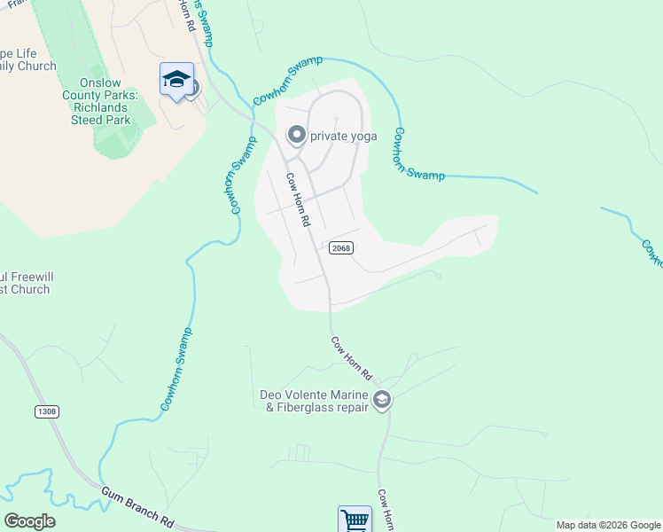 map of restaurants, bars, coffee shops, grocery stores, and more near 106 Harmony Way in Richlands