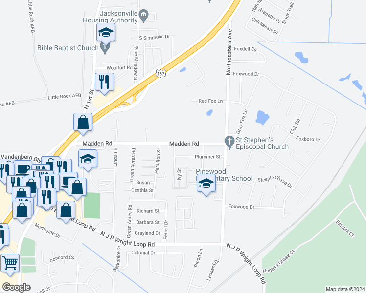 map of restaurants, bars, coffee shops, grocery stores, and more near 1305 Madden Road in Jacksonville
