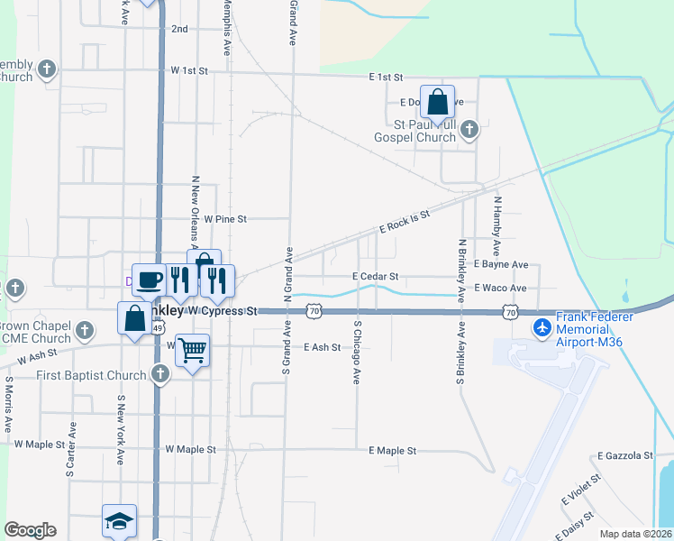 map of restaurants, bars, coffee shops, grocery stores, and more near 102 East Cedar Street in Brinkley