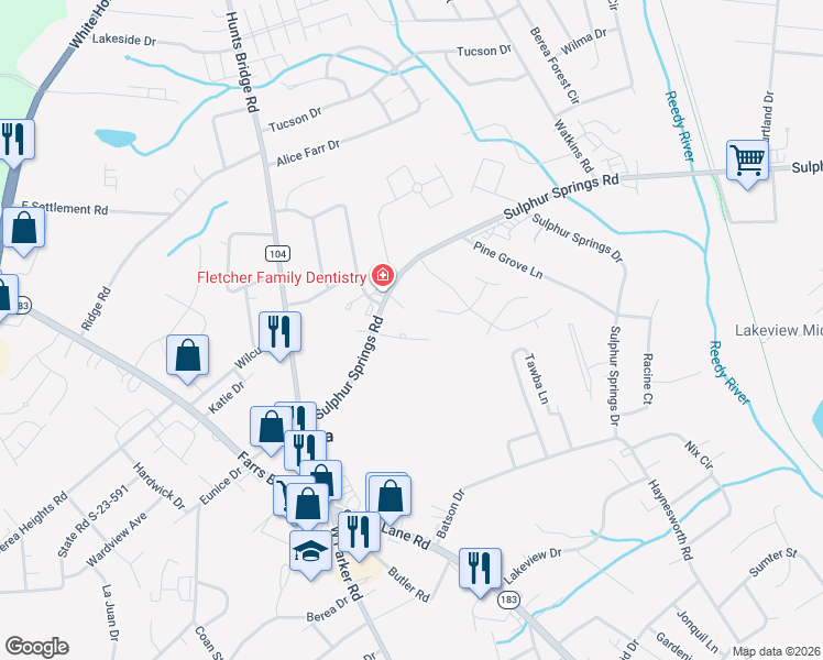 map of restaurants, bars, coffee shops, grocery stores, and more near 601 Sulphur Springs Road in Greenville