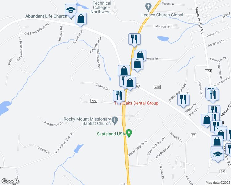 map of restaurants, bars, coffee shops, grocery stores, and more near 11 State Road S-23-801 in Greenville