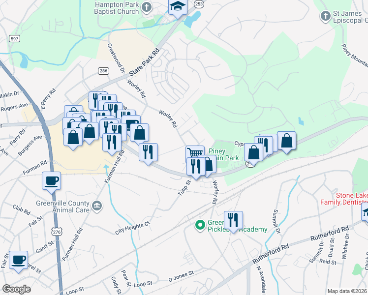 map of restaurants, bars, coffee shops, grocery stores, and more near 314 Worley Road in Greenville