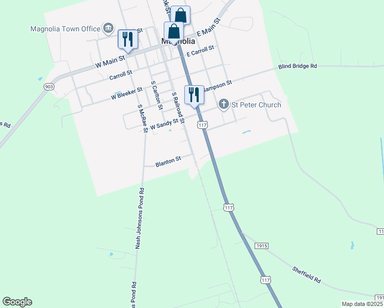 map of restaurants, bars, coffee shops, grocery stores, and more near 101 Blanton Street in Magnolia