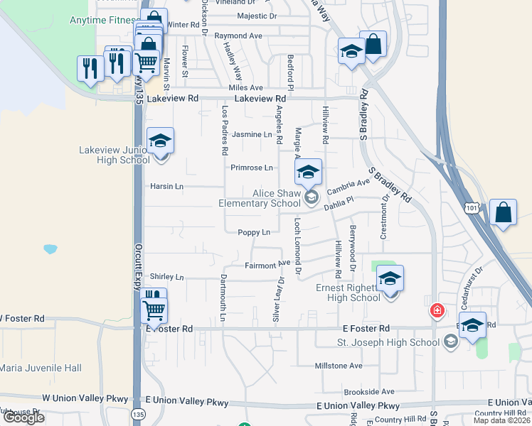 map of restaurants, bars, coffee shops, grocery stores, and more near 566 Dahlia Place in Orcutt