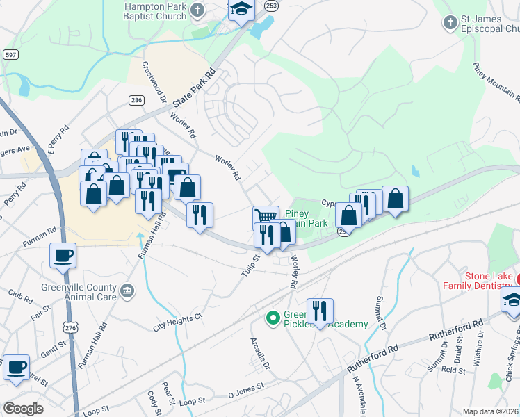 map of restaurants, bars, coffee shops, grocery stores, and more near 314 Worley Road in Greenville