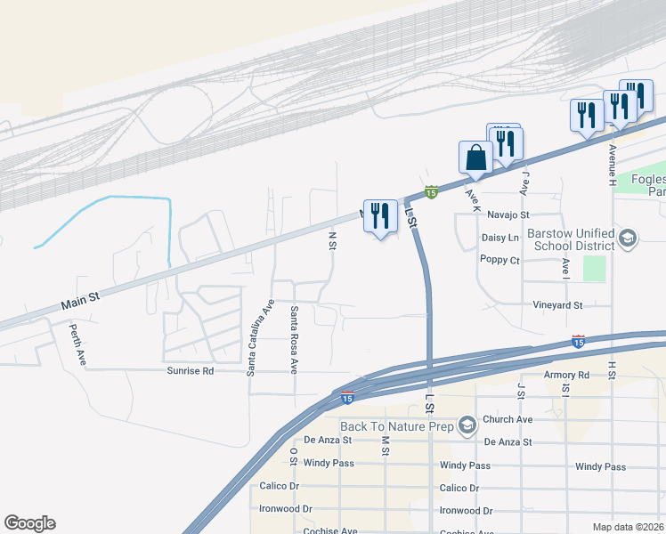 map of restaurants, bars, coffee shops, grocery stores, and more near N Street in Barstow